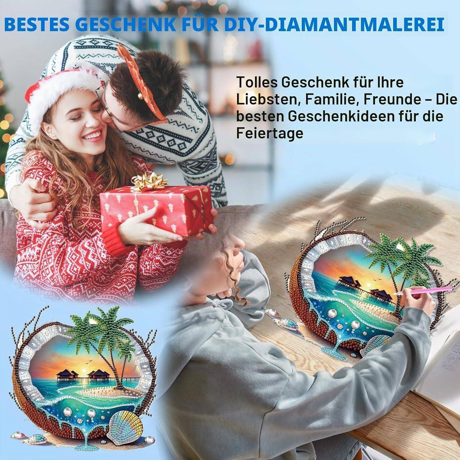 Werbeanzeige für Diamond-Painting-Sets: Eine lächelnde Frau erhält ein Geschenk, während eine andere Person eine tropische Strandszene auf einer runden Leinwand malt.
