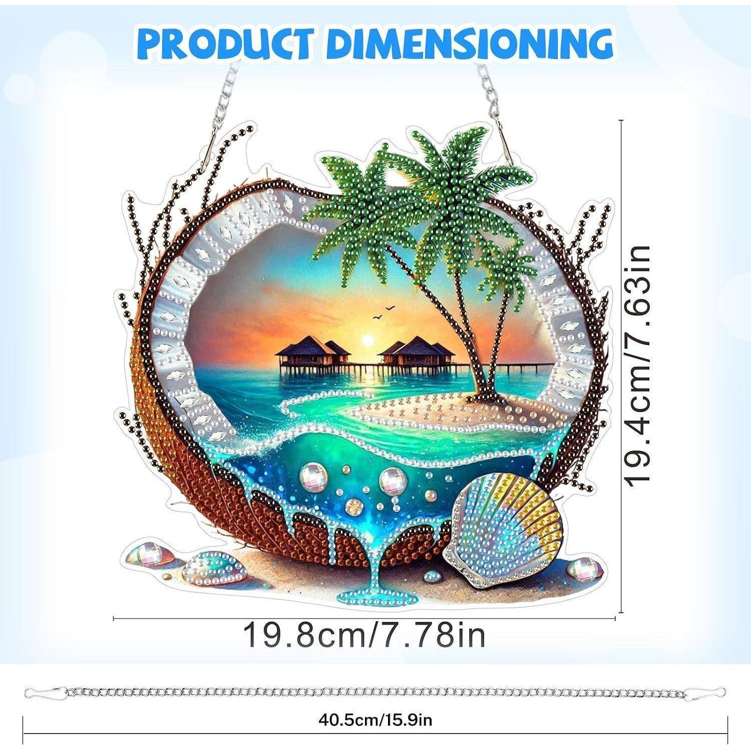 Produktdimensionierung für ein strandthematisches hängendes Meereslandschafts-Ornament mit einer Breite von 19,8 cm, einer Höhe von 19,4 cm und einer Kettenlänge von 40,5 cm.