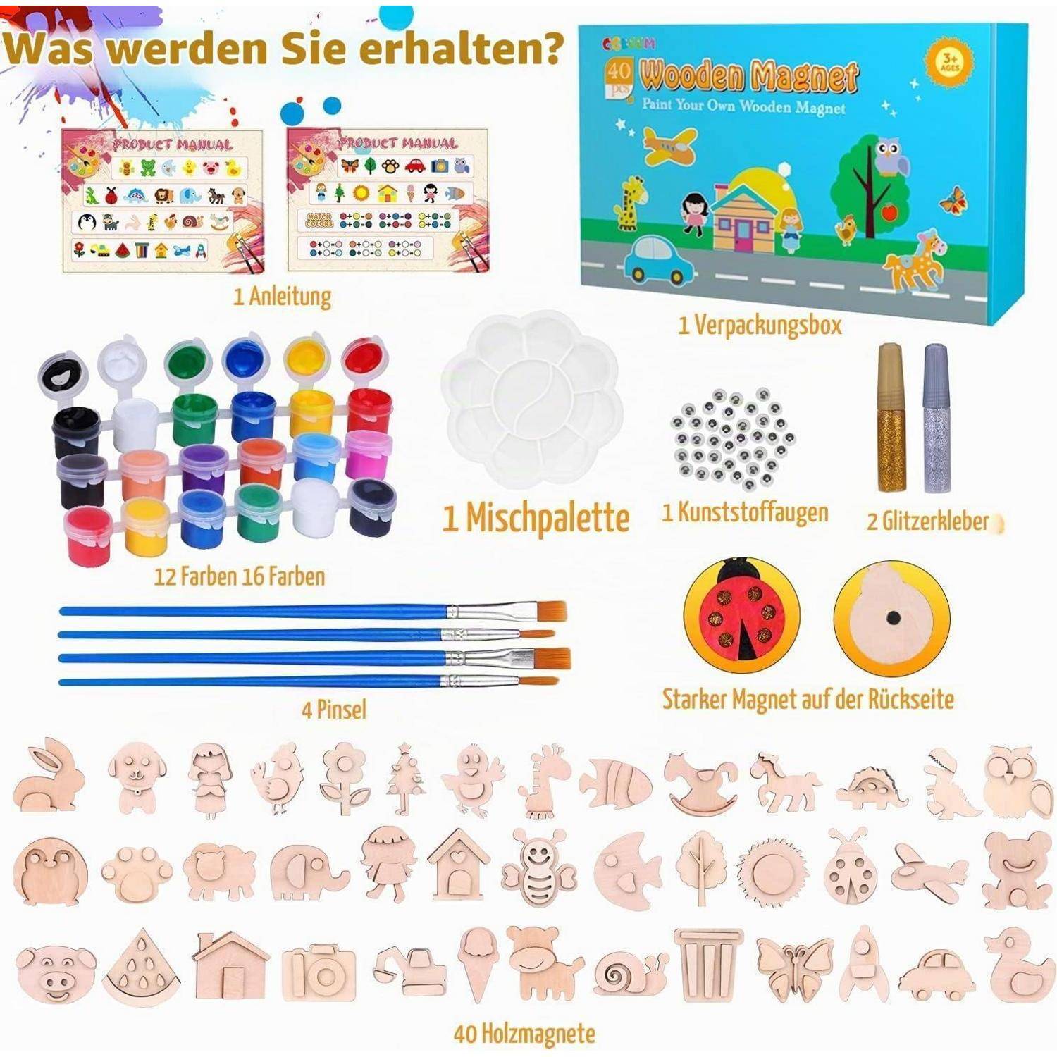 Illustrierter Inhalt eines "Holzmagnet""-Sets: Anleitung, Schachtel, 12 Farben, Palette, 1 Stempel, 2 Glitterkleber, 4 Pinsel und 40 Holzmagnete.