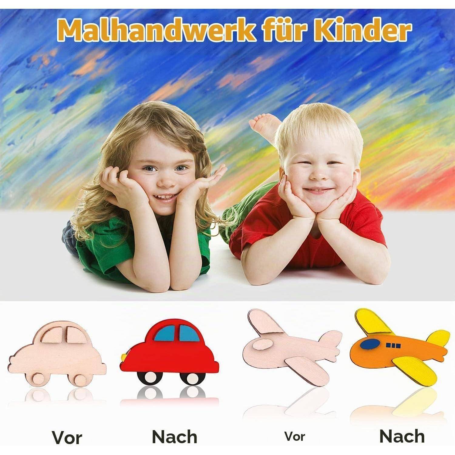 Promotionsbild mit dem Titel „Mahlandwerk für Kinder" zeigt zwei lächelnde Kinder über Vorher-und-Nachher-Beispielen eines einfachen Auto- und Flugzeug-Bastelwerks.