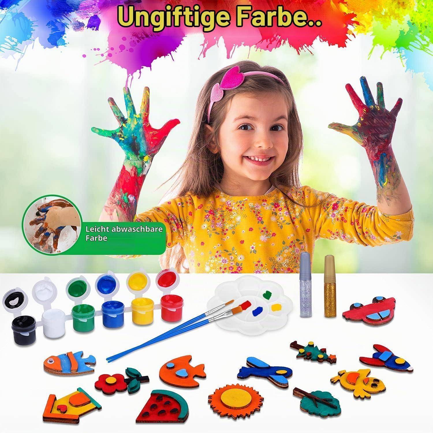 Mädchen mit farbverschmierten Händen und Kunstbedarf, das „Ungiftige Farbe" und leicht abwaschbare Farbe für Kinderhandwerk bewirbt.