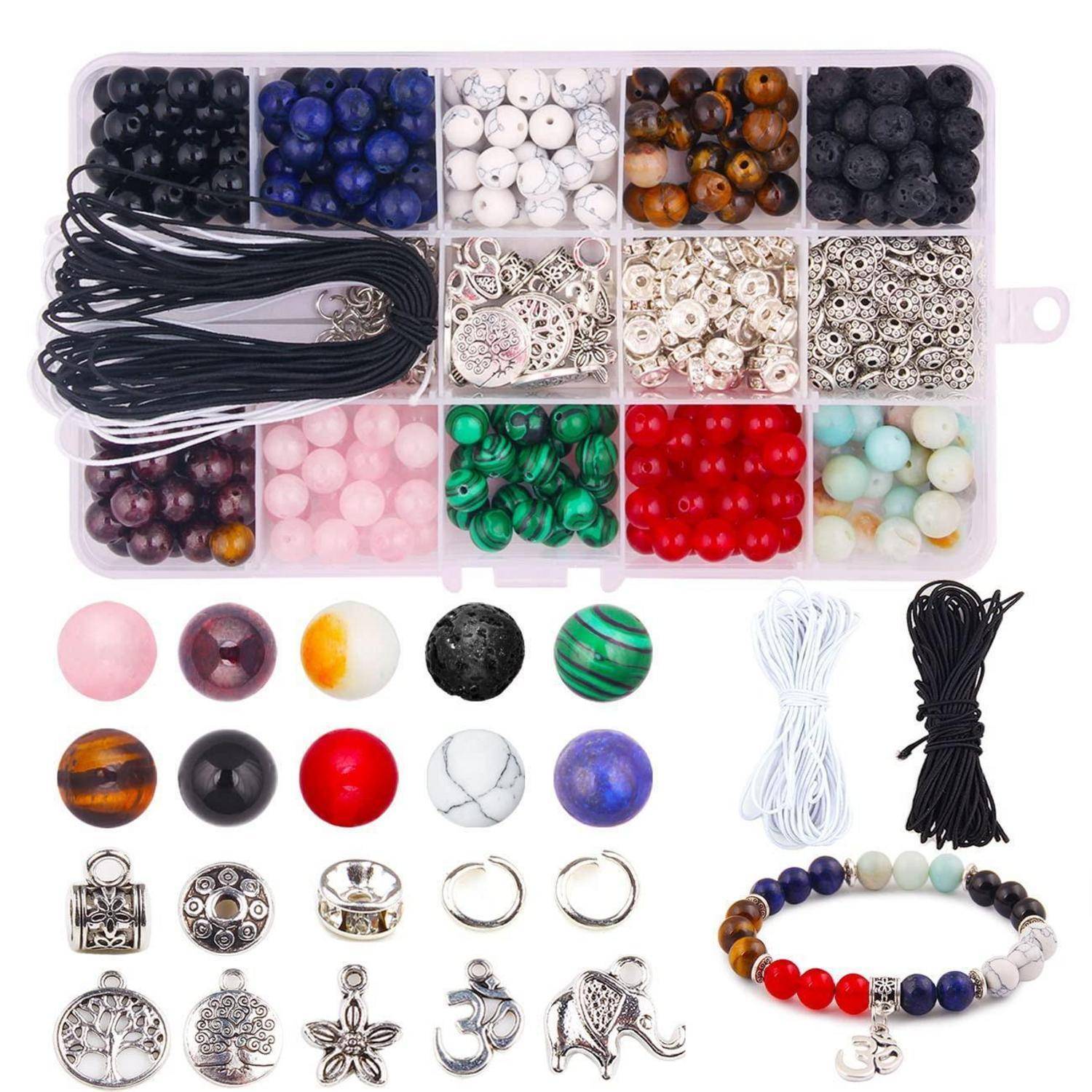 Candygirl Lavaperlen 418 Stück Bunte Chakra Perlen, 8 mm Halbedel Stein Perle Kit Natürliche Kristall Edelstein Chakra Perlen für Erwachsene Schmuc