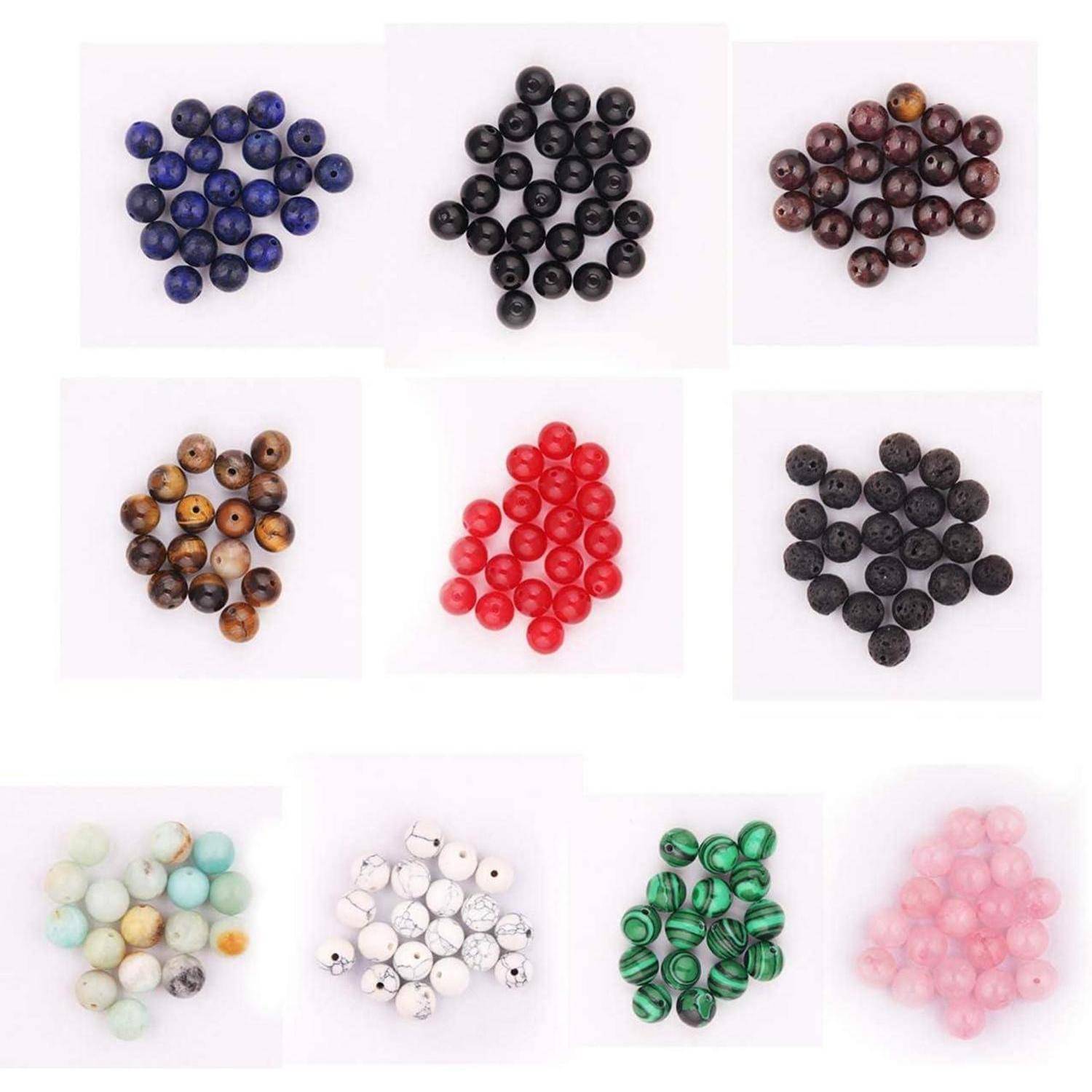 Gitter aus neun Gruppen von runden Perlen oder Murmeln in verschiedenen Farben und Mustern, einschließlich Blau, Schwarz, Braun, Rot, Weiß, Grün und Rosa.