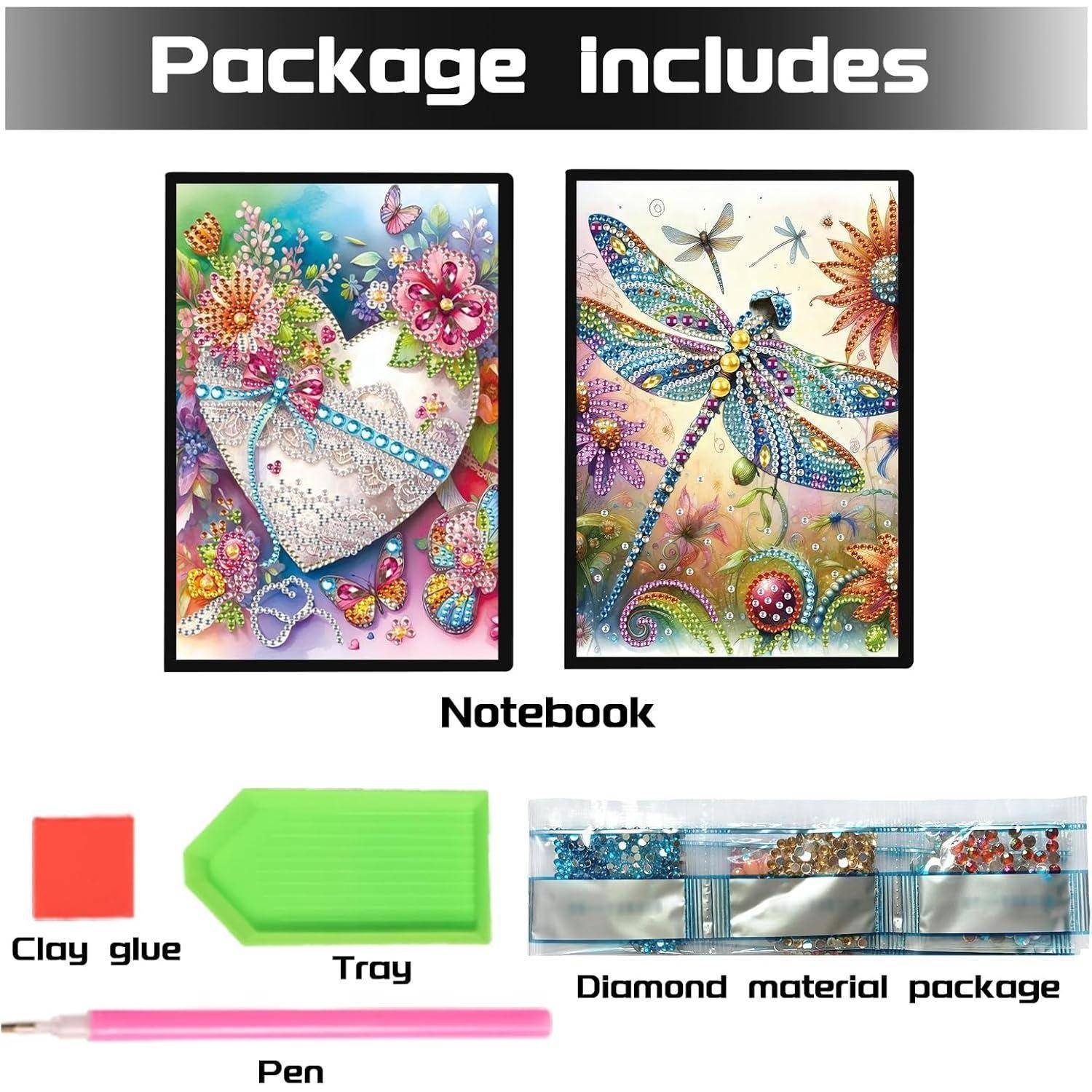 Das Paket enthält zwei dekorierte Notizbücher, Tonkleber, ein Tablett, ein Diamantmaterialpaket und einen Stift.