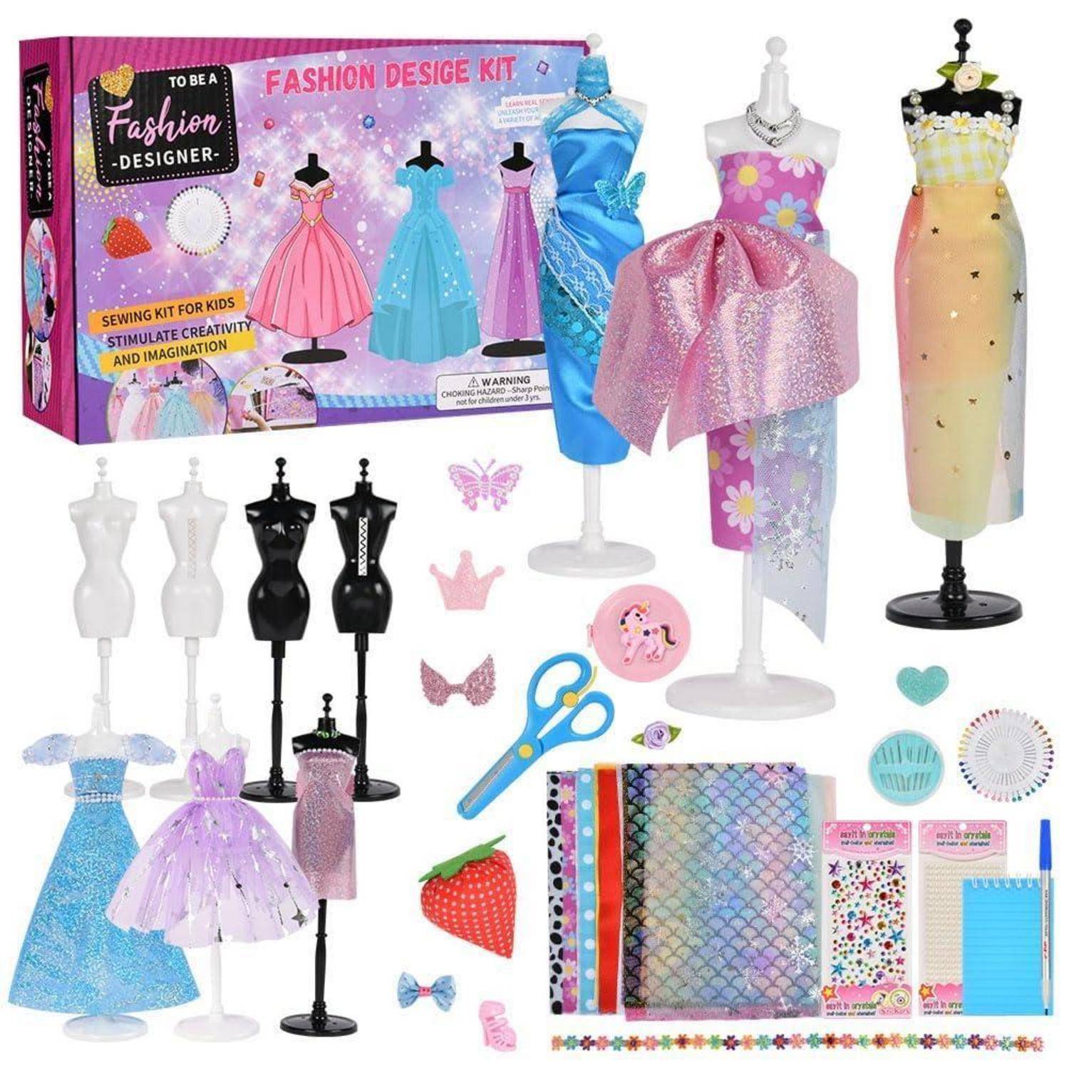 Aomig Modedesign Mädchen, Fashion Designer Studio Bastelset Kinder, DIY Kunst und Bastelset Nähsets Lernspielzeug mit 4 Mannequins, 600PC+ DIY Sewin