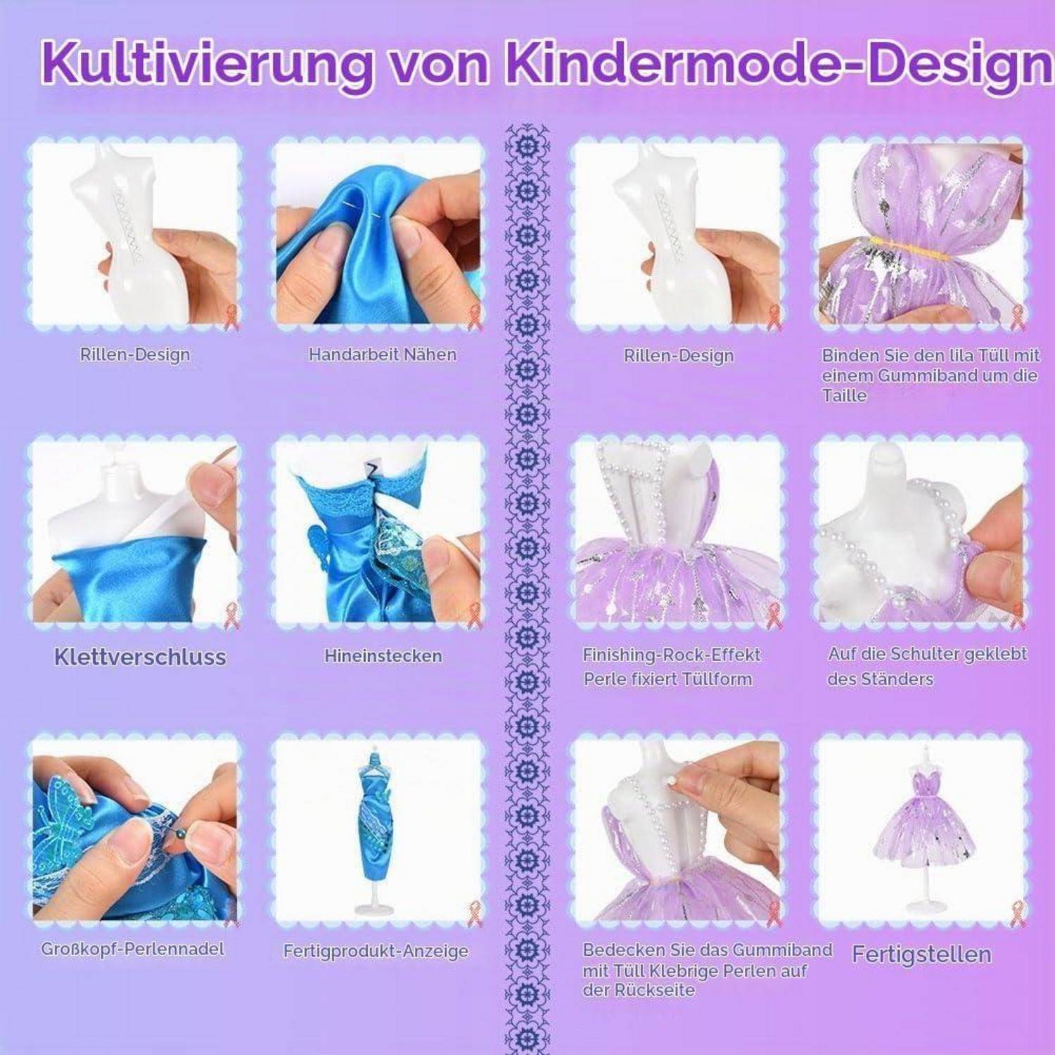 Infografik mit Schritten zur Herstellung eines lila Puppenkleid: Falten, Handnähen, Hakenverschluss, Kräuselungen, Perlenkante und Binden/Kleben des Tüll-Oberteil.