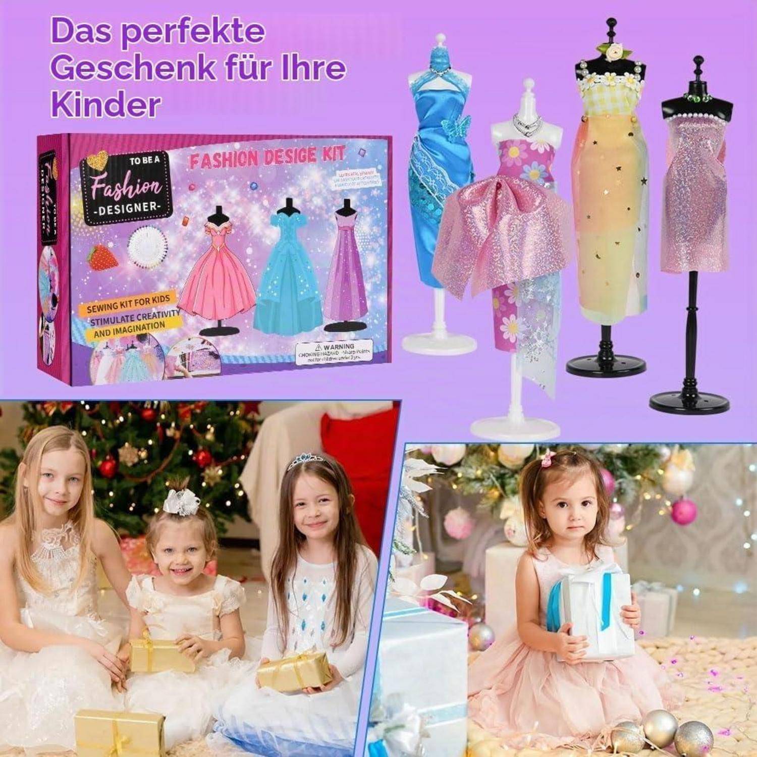 Aomig Modedesign Mädchen, Fashion Designer Studio Bastelset Kinder, DIY Kunst und Bastelset Nähsets Lernspielzeug mit 4 Mannequins, 600PC+ DIY Sewin