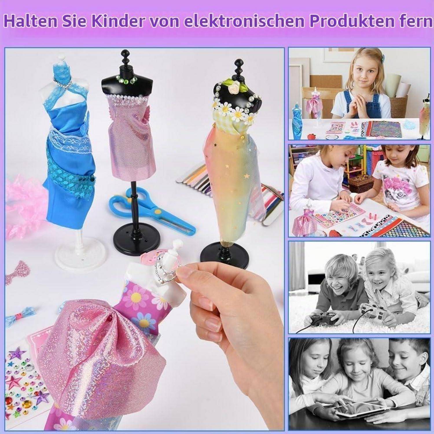 Aomig Modedesign Mädchen, Fashion Designer Studio Bastelset Kinder, DIY Kunst und Bastelset Nähsets Lernspielzeug mit 4 Mannequins, 600PC+ DIY Sewin