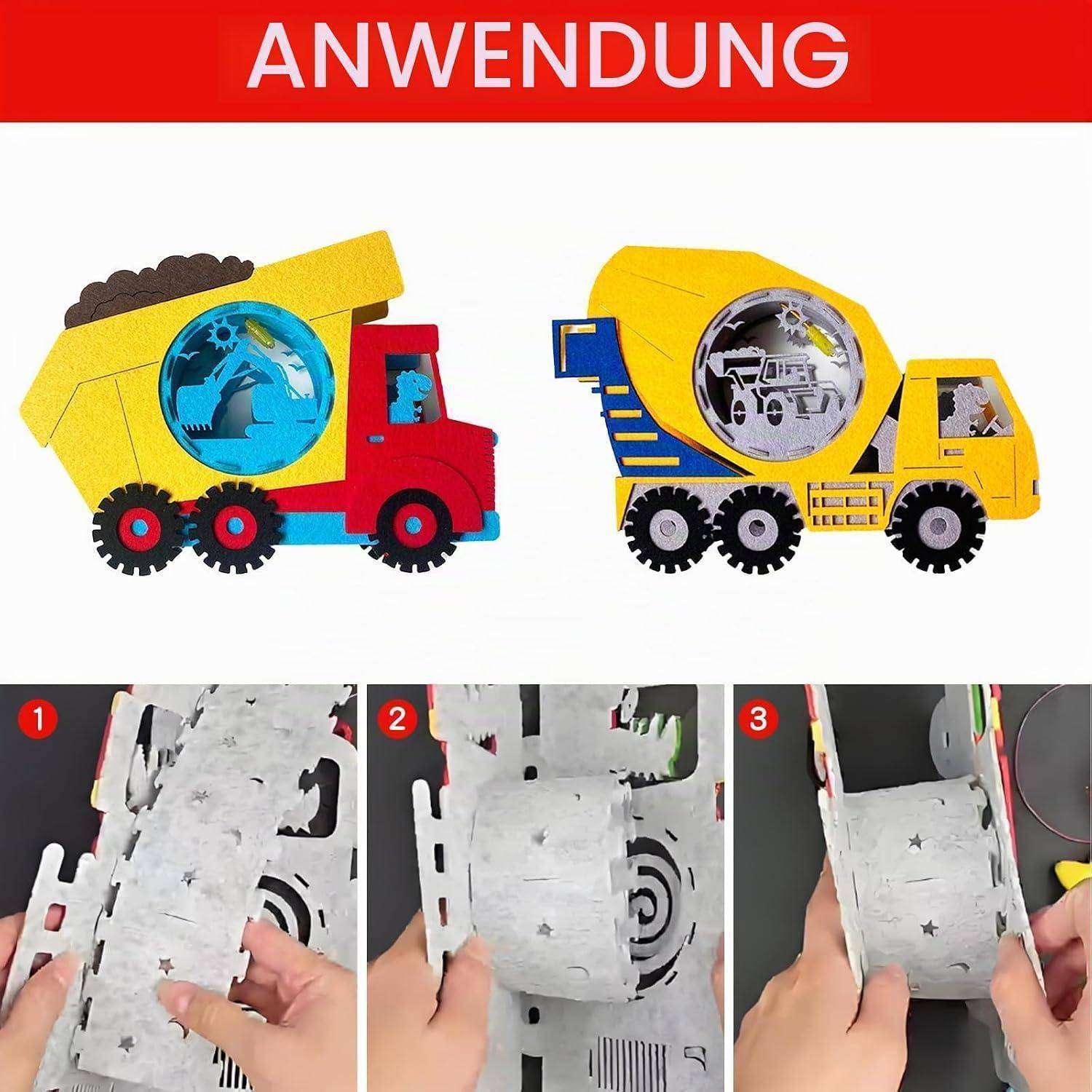 Bild zeigt zwei Spielzeug-Betonmischerwagen und drei Schritt-für-Schritt-Fotos von Händen, die eine Papierscheiben-Abdeckung auf ein Lkw-Rad wickeln.