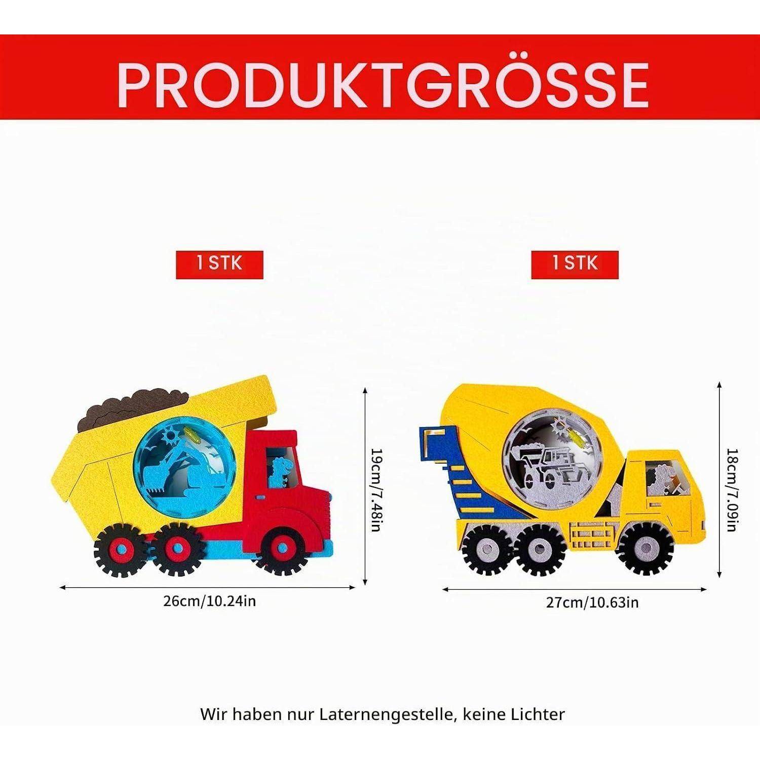 Produktgrößentabelle mit zwei Spielzeug-Betonmischern mit der Bezeichnung „1 STK