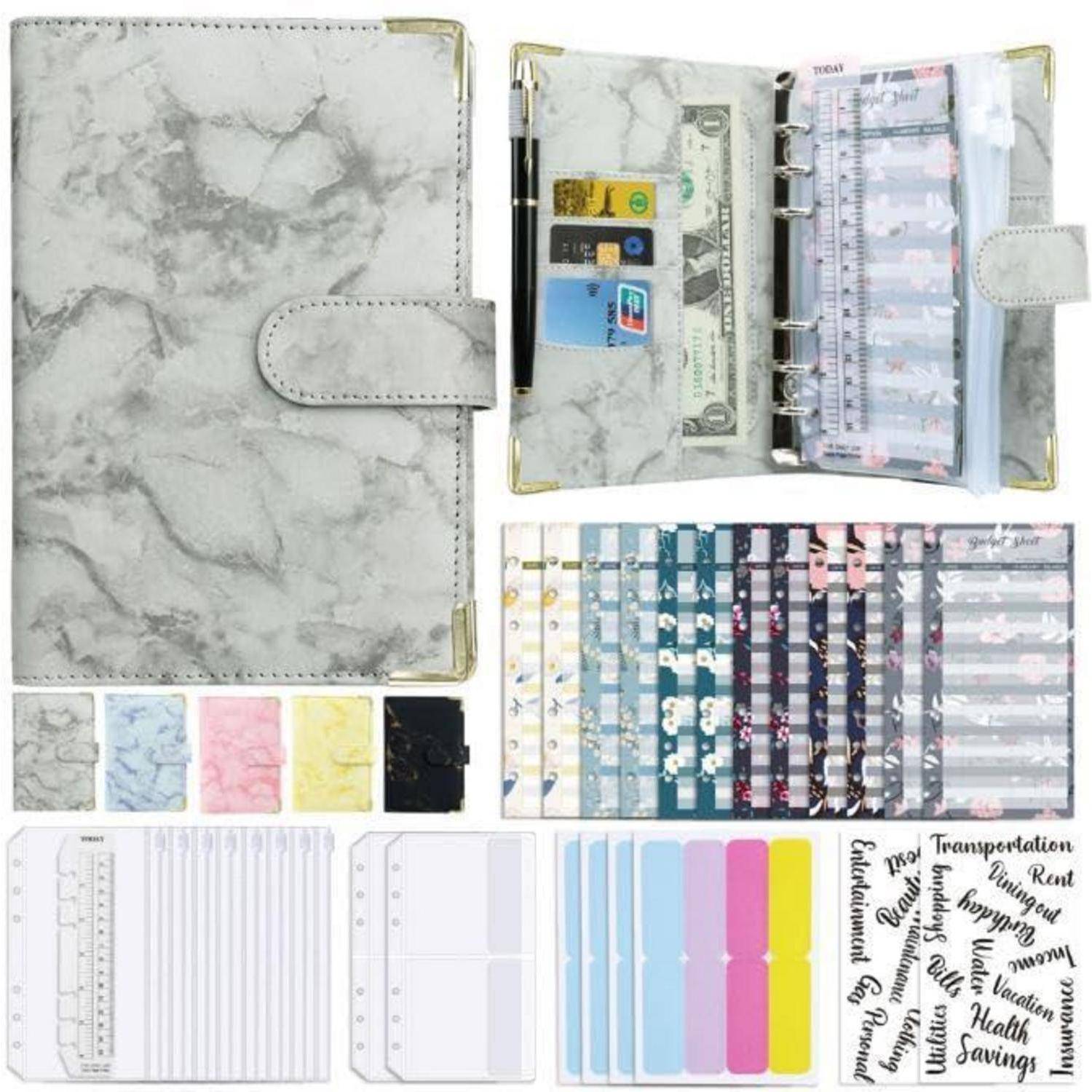 Marmor a6 Ringbinder Budget Buch Marmor Korn Notizbuch Buch Leder PU Hand Buch lose Blatt Ordner Handbuch (grau)