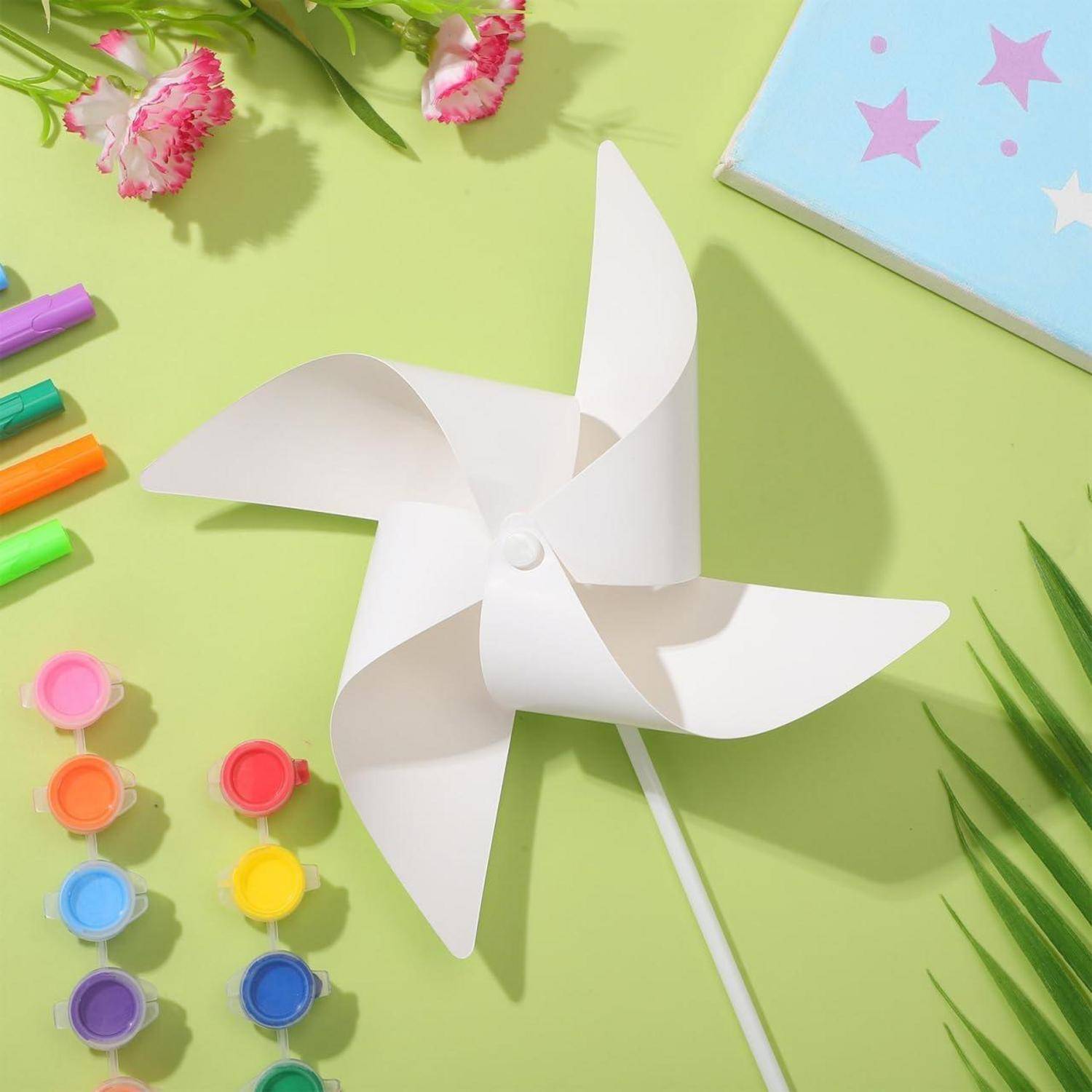 Angoily 24 Stück Windmühlen Bastelset Für Kinder Zum Selber Bemalen Weißes Papier Windrad DIY Kreativ Outdoor Spielzeug 30X19X23Cm