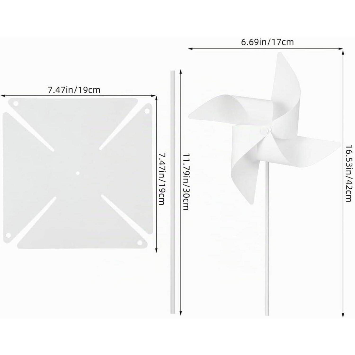 Produktdimensionsdiagramm mit einer quadratischen Windspinner-Schaufel und montiertem Windrad auf einem Pfosten, mit beschrifteten Maßen in Zoll und Zentimetern.