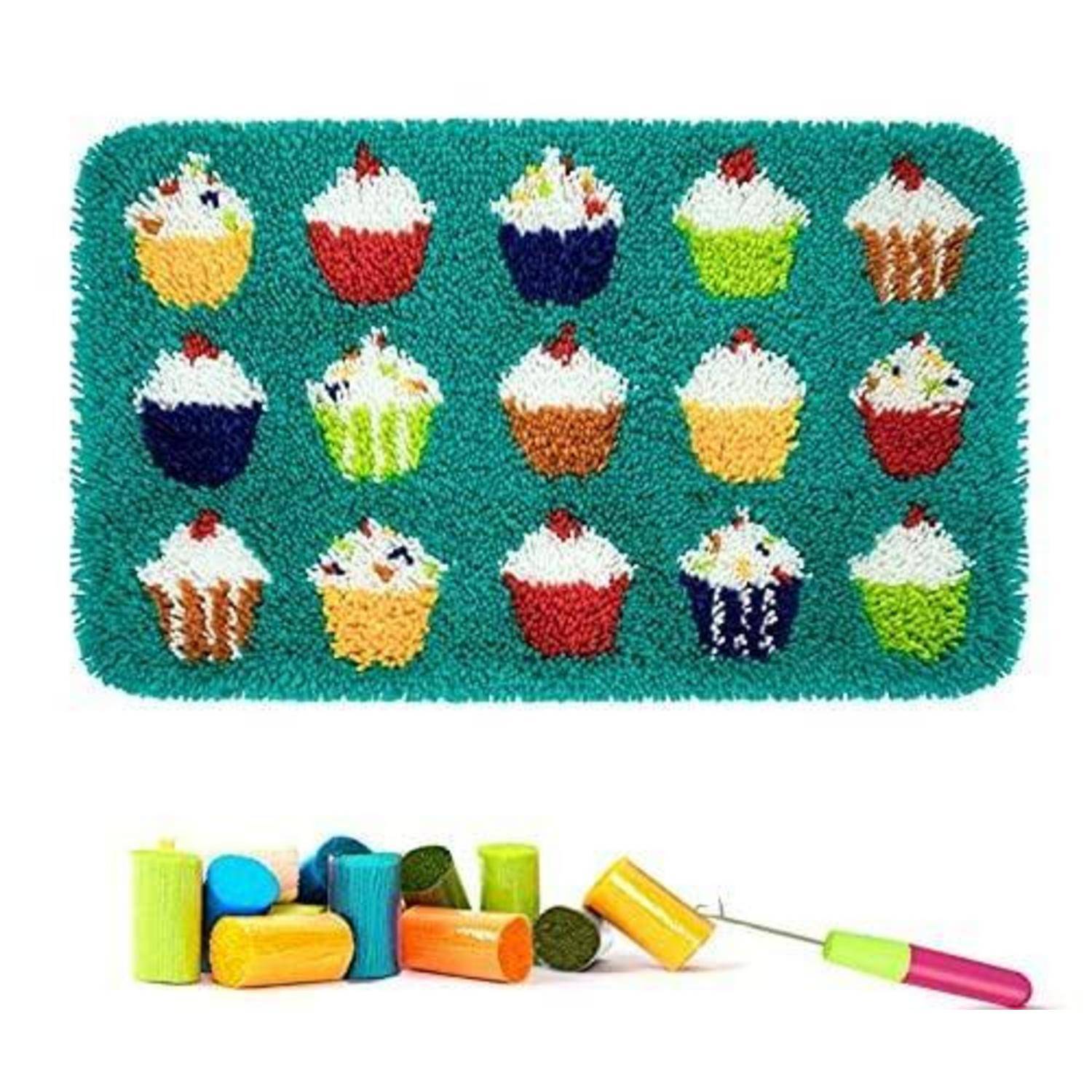 ROCKY&CHAO Knüpfteppich Zum Selber knüpfen, Knüpfsets Latch Hook Kit Selbst Knüpfen Set für Kinder und Erwachsene (Kuchen)