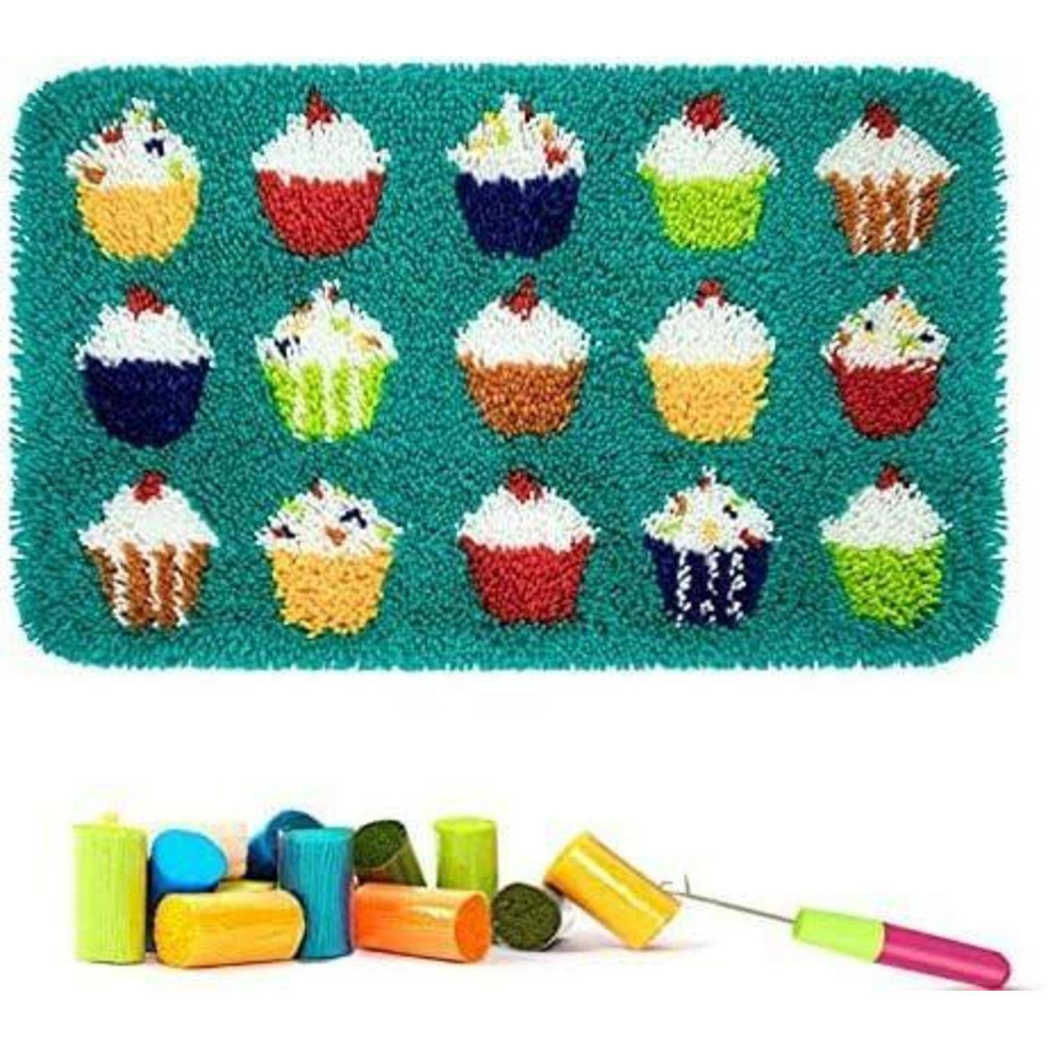 ROCKY&CHAO Knüpfteppich Zum Selber knüpfen, Knüpfsets Latch Hook Kit Selbst Knüpfen Set für Kinder und Erwachsene (Kuchen)