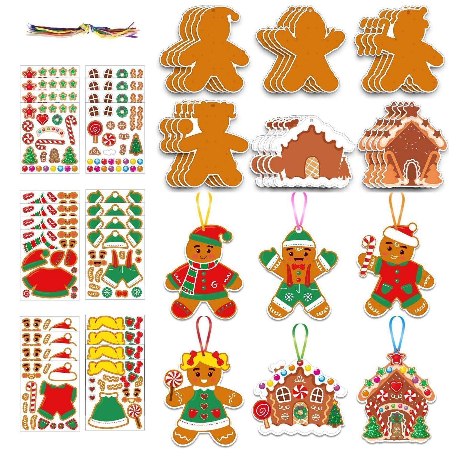 24 Stück Lebkuchenmann Bastelset Kinder, Kreatives Weihnachtsbasteln für Mädchen Jungen, DIY Weihnachtsbaumschmuck mit Aufklebern Bändern, Ideales