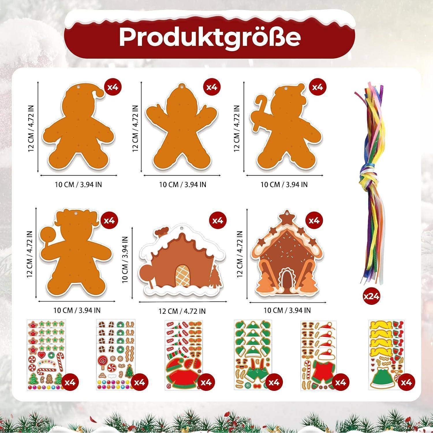 24 Stück Lebkuchenmann Bastelset Kinder, Kreatives Weihnachtsbasteln für Mädchen Jungen, DIY Weihnachtsbaumschmuck mit Aufklebern Bändern, Ideales