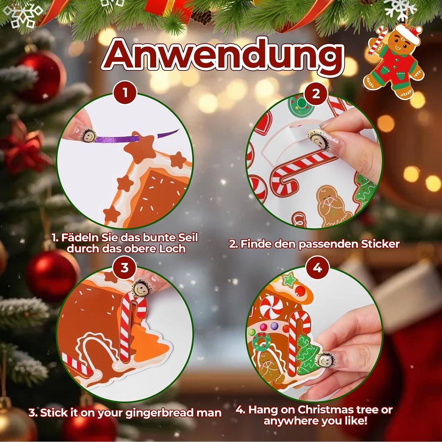 24 Stück Lebkuchenmann Bastelset Kinder, Kreatives Weihnachtsbasteln für Mädchen Jungen, DIY Weihnachtsbaumschmuck mit Aufklebern Bändern, Ideales