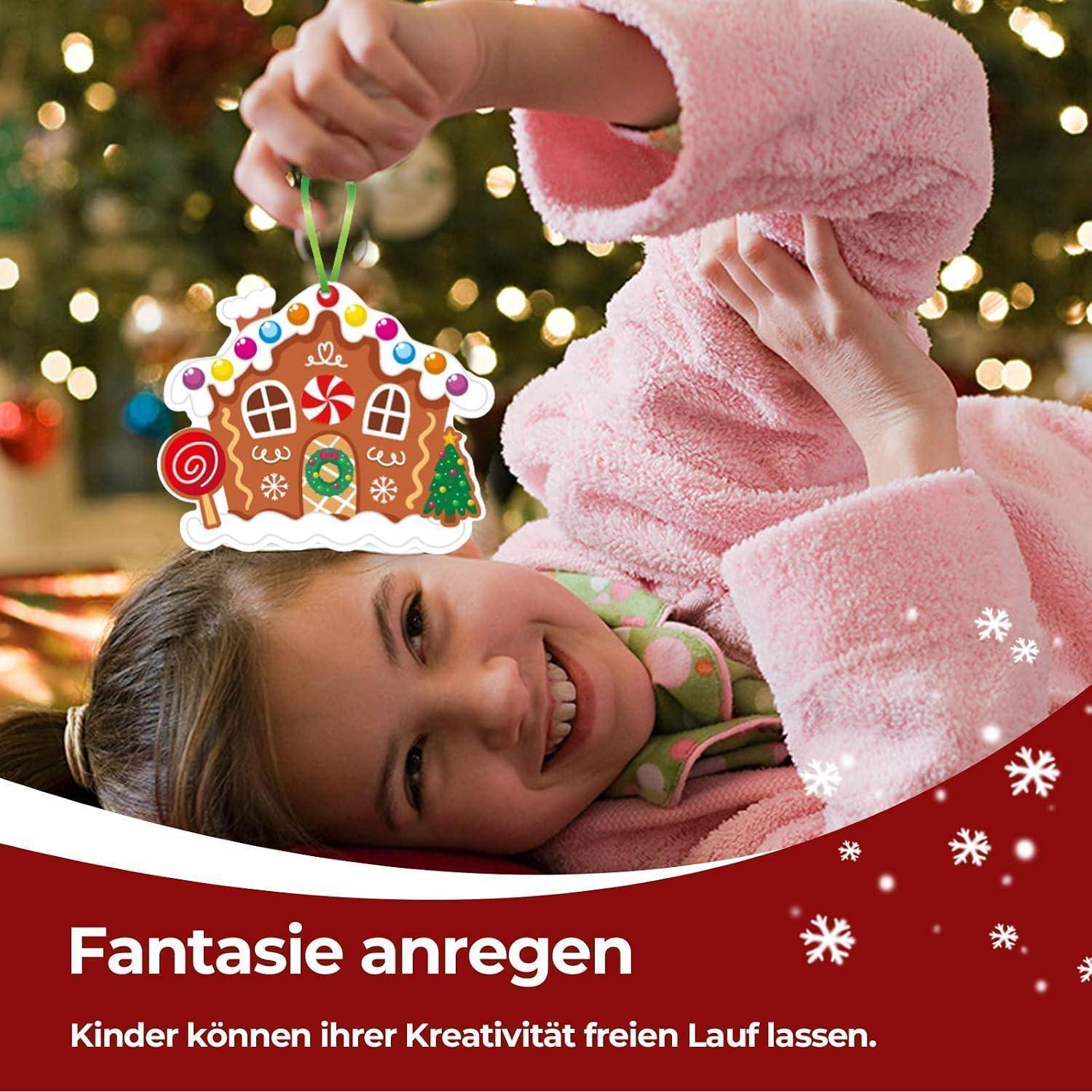 24 Stück Lebkuchenmann Bastelset Kinder, Kreatives Weihnachtsbasteln für Mädchen Jungen, DIY Weihnachtsbaumschmuck mit Aufklebern Bändern, Ideales