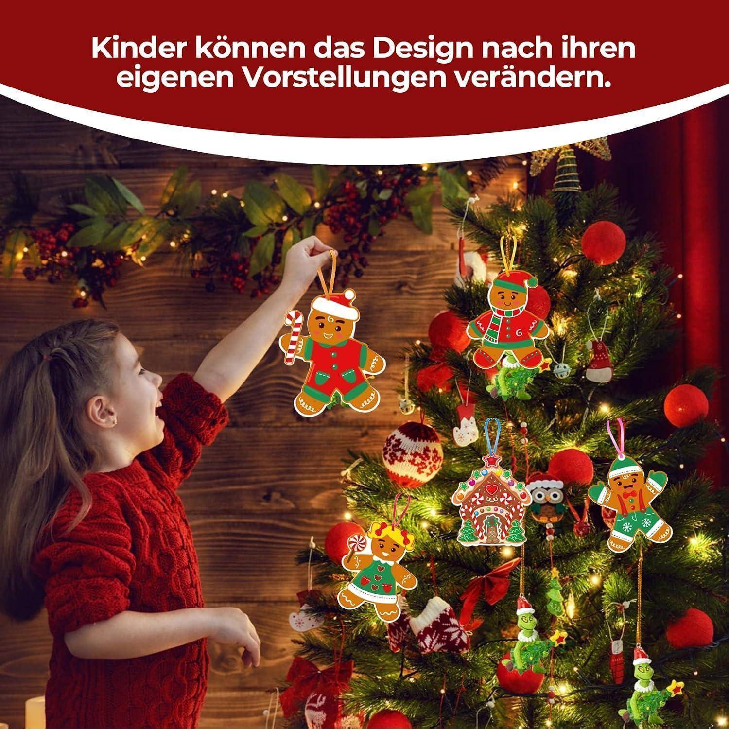 24 Stück Lebkuchenmann Bastelset Kinder, Kreatives Weihnachtsbasteln für Mädchen Jungen, DIY Weihnachtsbaumschmuck mit Aufklebern Bändern, Ideales