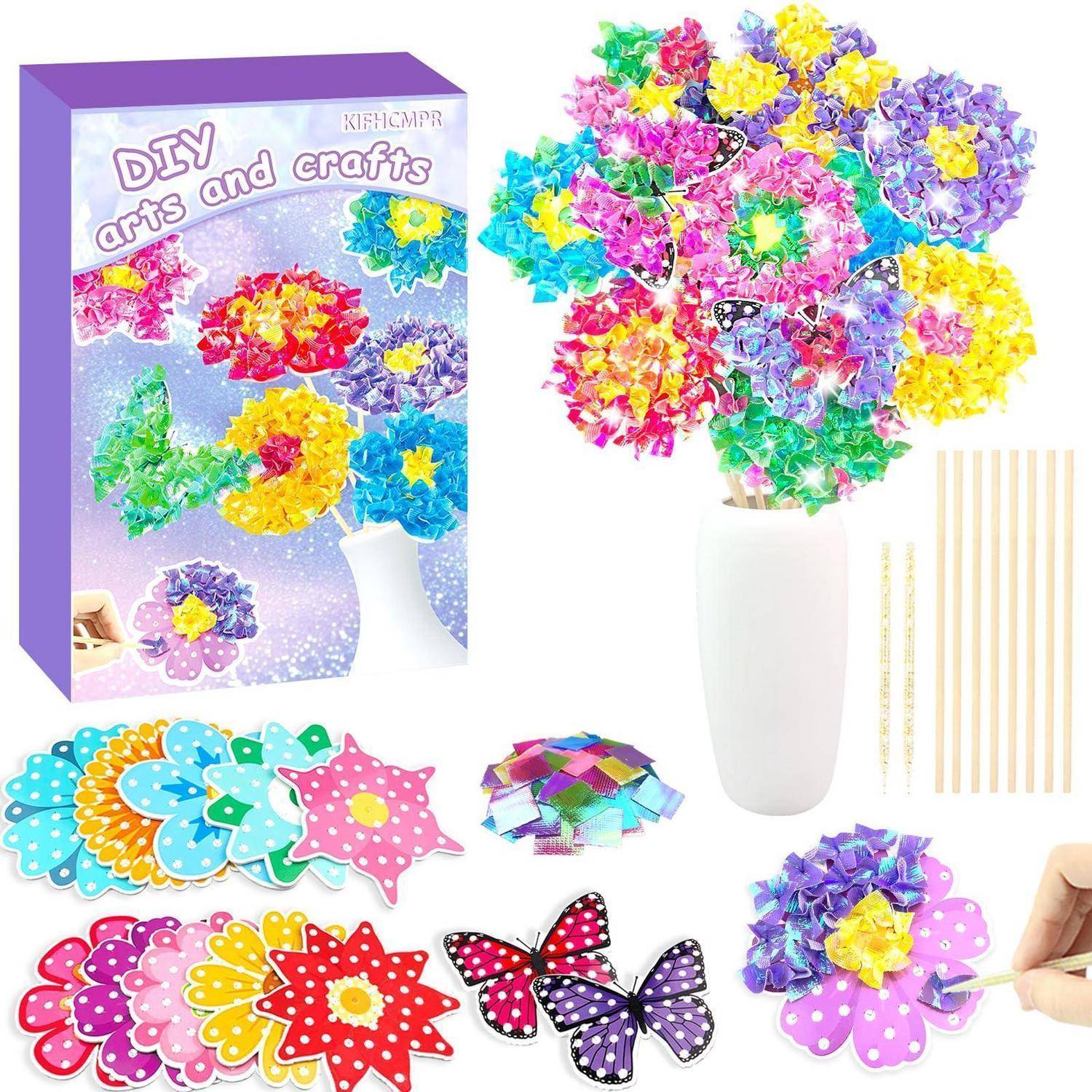 Poke Art Bastelset Kinder ab 4 Jahre,DIY-Einschulung Geschenke für Mädchen Spielzeug 5-12Jahre Kindergeburtstag Kunstblumenstrauß Blumen Bastelkoff