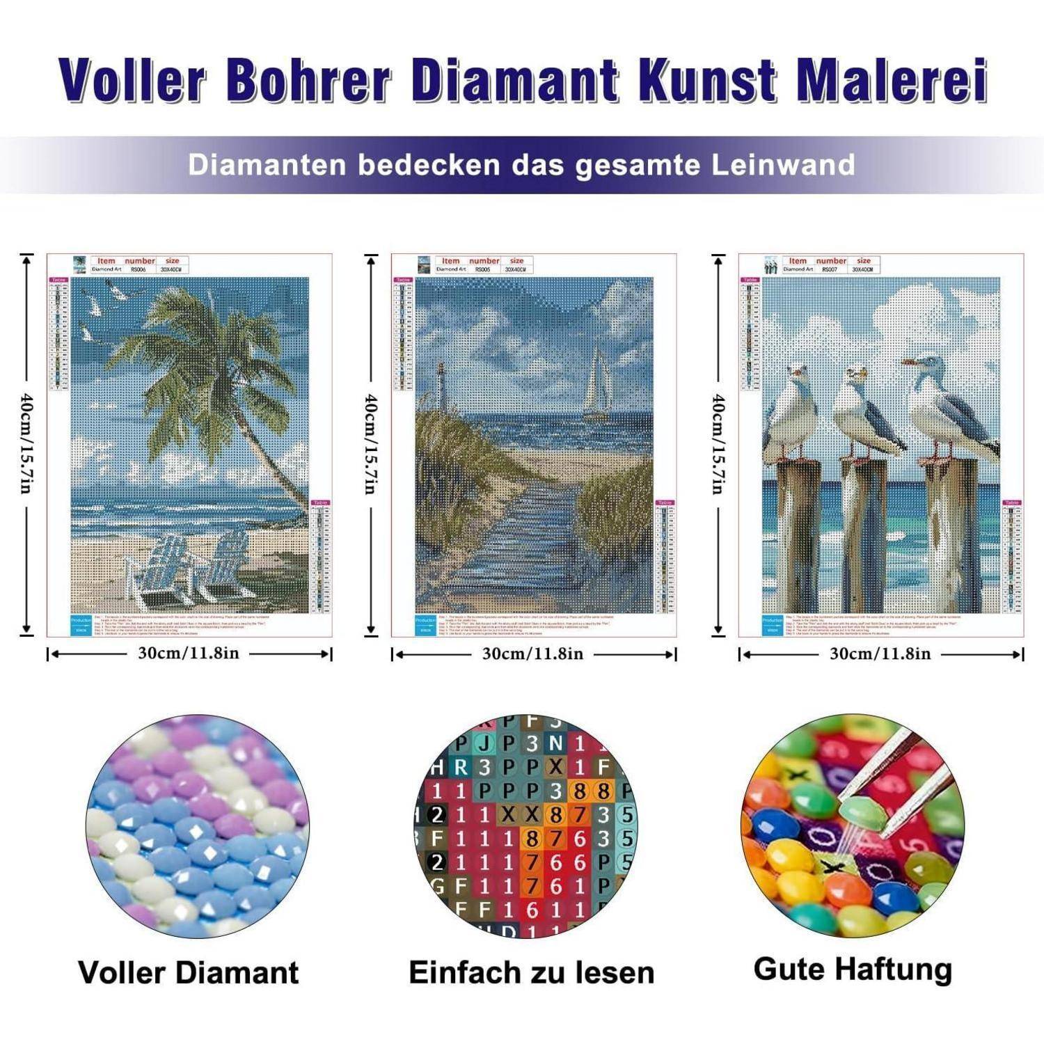 Yaostarart Strand Diamond Painting Erwachsene 3er Set,5D Diamond Painting,landschaft Diamant Painting Mosaik Bastelset Erwachsene für Wohnkultur und