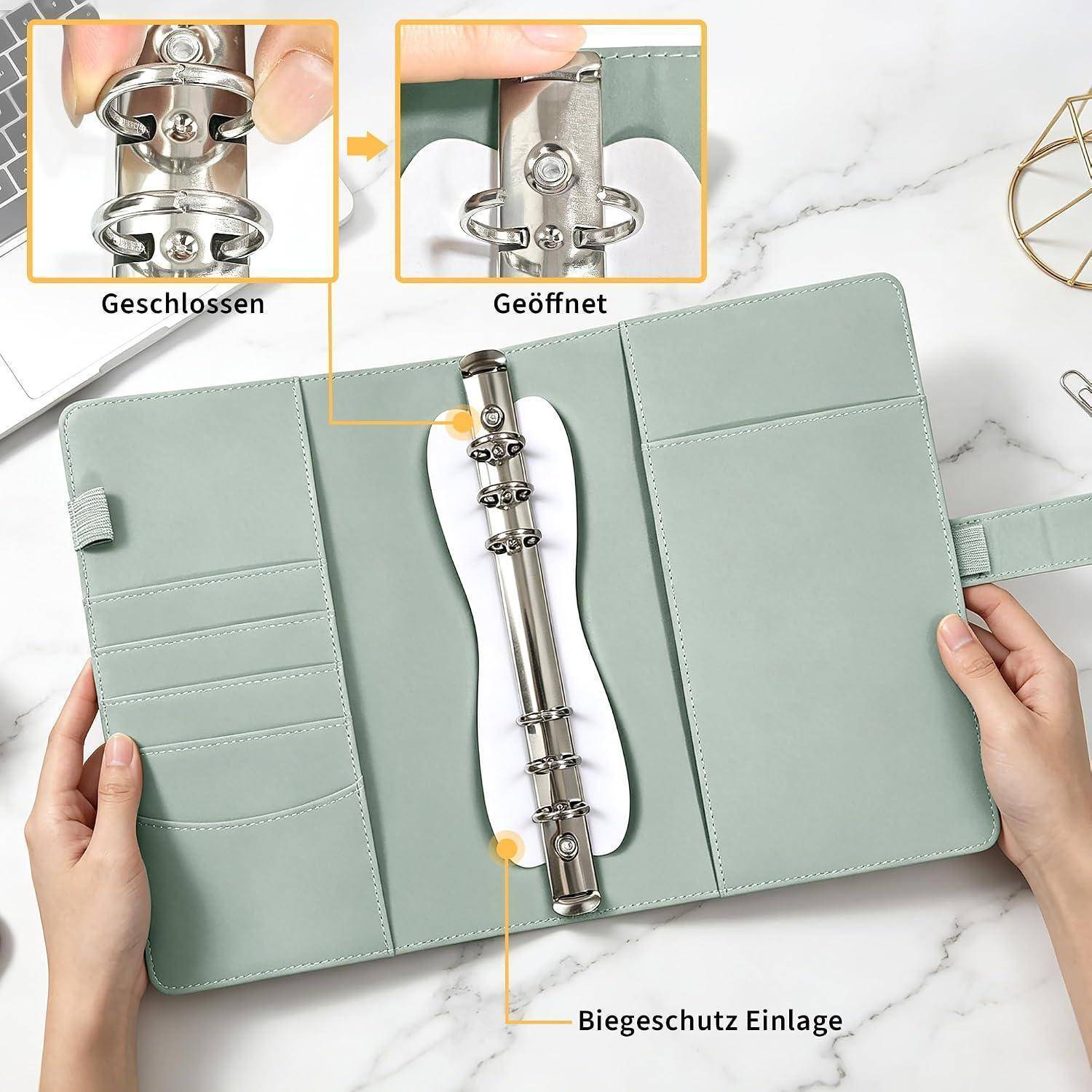 Notizbuch Ringbuch A5 Nachfüllbar, Ringordner A5, Budget Binder Organizer, 6 Loch - PU-Leder, Magnetverschluss, Übersichtliche Fächer, Für Schule