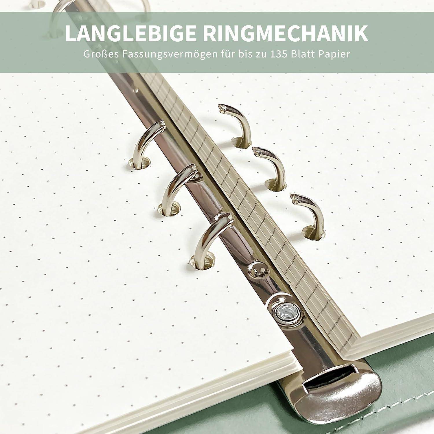 Notizbuch Ringbuch A5 Nachfüllbar, Ringordner A5, Budget Binder Organizer, 6 Loch - PU-Leder, Magnetverschluss, Übersichtliche Fächer, Für Schule