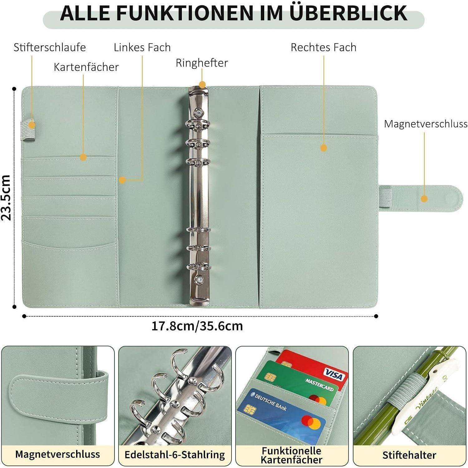 Notizbuch Ringbuch A5 Nachfüllbar, Ringordner A5, Budget Binder Organizer, 6 Loch - PU-Leder, Magnetverschluss, Übersichtliche Fächer, Für Schule