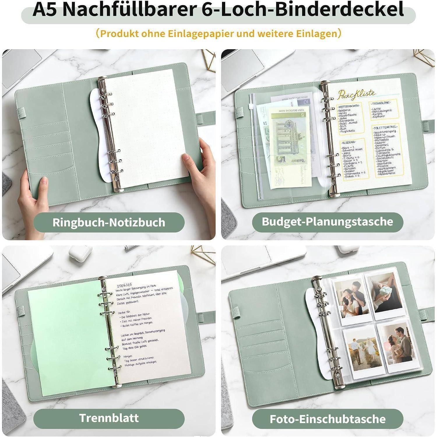 Notizbuch Ringbuch A5 Nachfüllbar, Ringordner A5, Budget Binder Organizer, 6 Loch - PU-Leder, Magnetverschluss, Übersichtliche Fächer, Für Schule