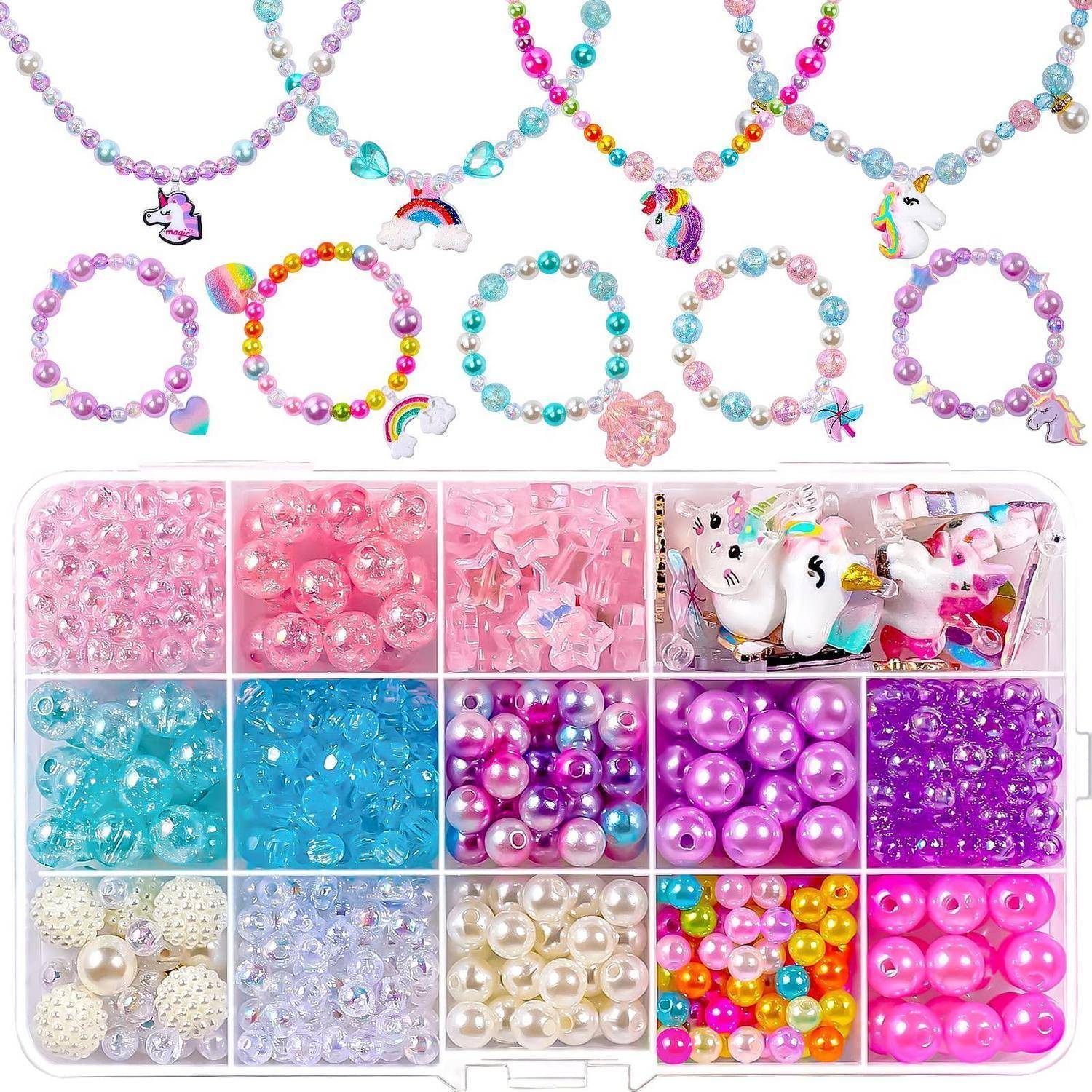 vamei Perlen zum Auffädeln Kinder Armbänder Selber Machen DIY Schmuck Ketten Bastelset mit Einhorn Meerjungfrau Schmetterling Anhänger Bunte Herz