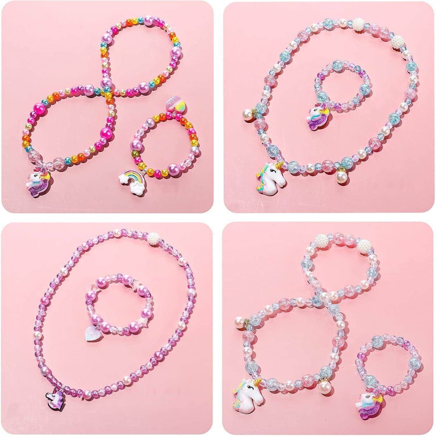 vamei Perlen zum Auffädeln Kinder Armbänder Selber Machen DIY Schmuck Ketten Bastelset mit Einhorn Meerjungfrau Schmetterling Anhänger Bunte Herz