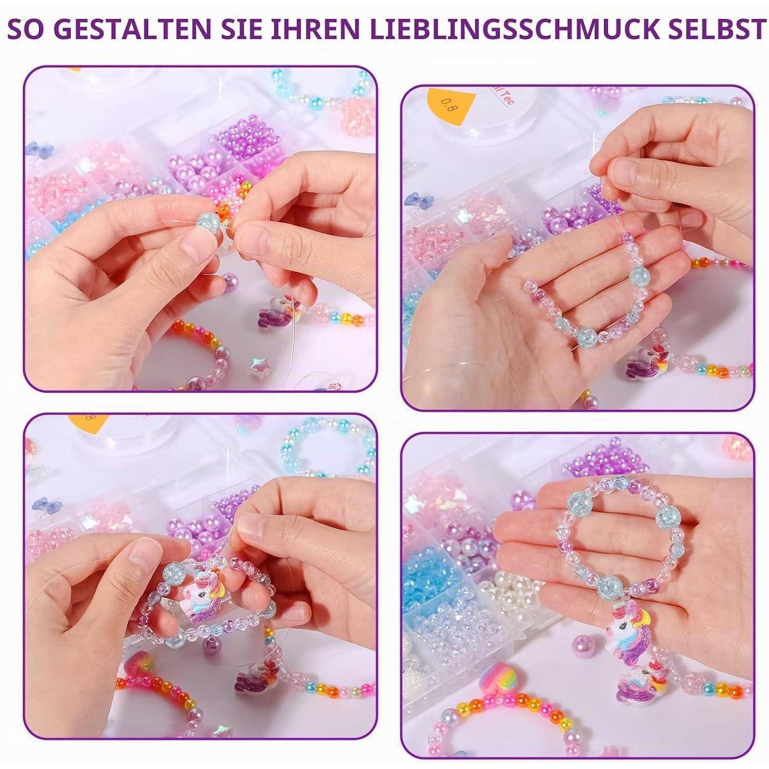 vamei Perlen zum Auffädeln Kinder Armbänder Selber Machen DIY Schmuck Ketten Bastelset mit Einhorn Meerjungfrau Schmetterling Anhänger Bunte Herz