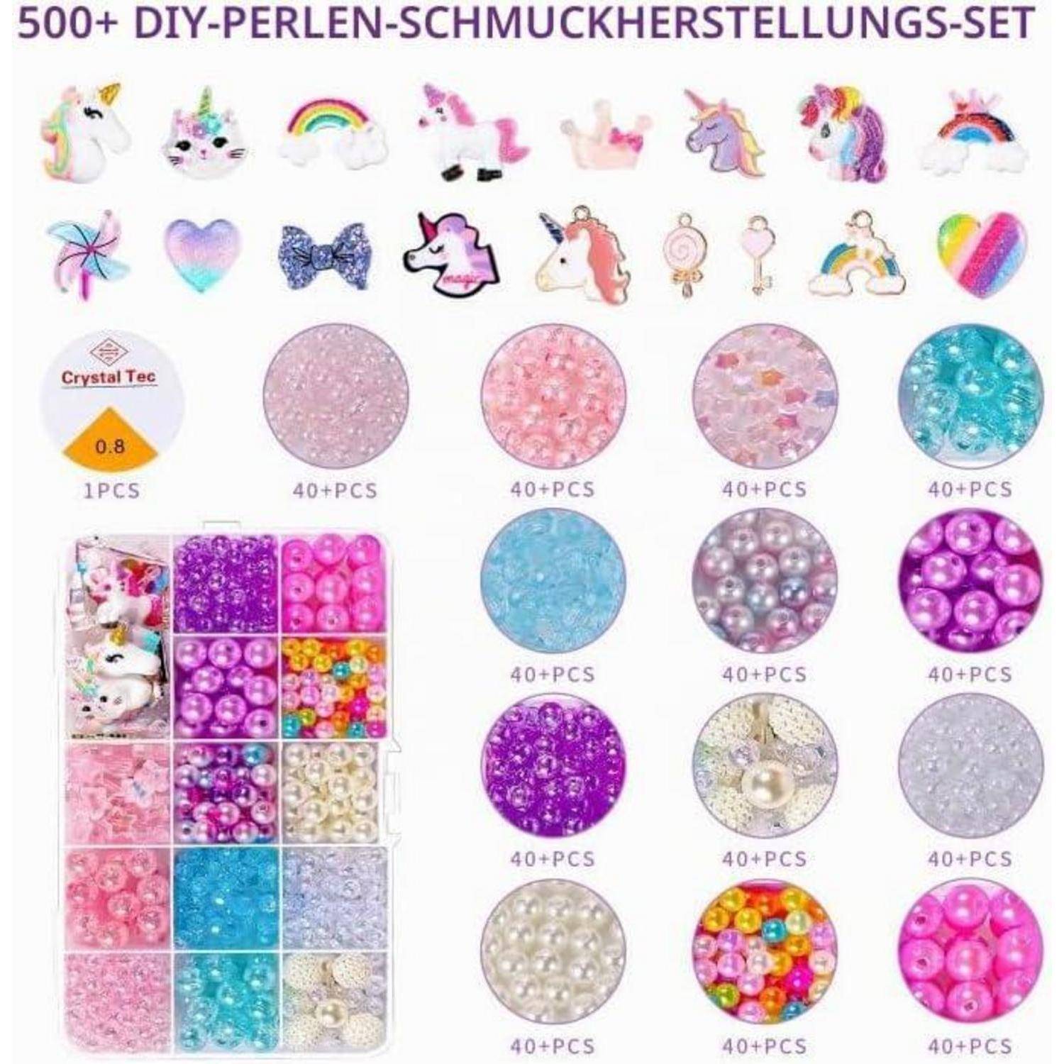 vamei Perlen zum Auffädeln Kinder Armbänder Selber Machen DIY Schmuck Ketten Bastelset mit Einhorn Meerjungfrau Schmetterling Anhänger Bunte Herz
