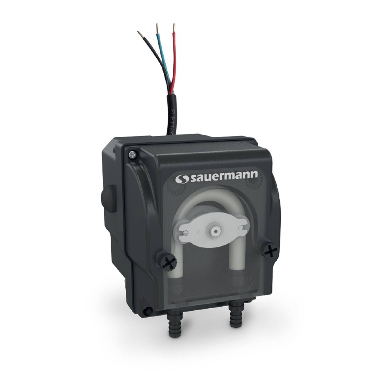 Sauermann elektrische Peristaltikdosierpumpe mit freiliegenden Drähten und durchsichtiger Frontabdeckung, auf weißem Hintergrund dargestellt.