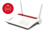 Weißer 5G-Wireless-Router mit zwei Antennen und einem roten 5G-Signalsymbol auf weißem Hintergrund.