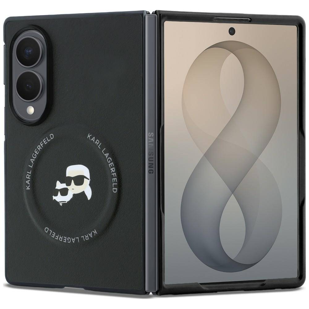 Aufklappbares Samsung-Telefon, das offen gezeigt wird, mit schwarzem, mit Karl Lagerfeld-Branding versehenen Rückpanel mit Dual-Kameras und einem Logo sowie einem grauen abstrakten Unendlichkeits-Hintergrund auf dem inneren Bildschirm.