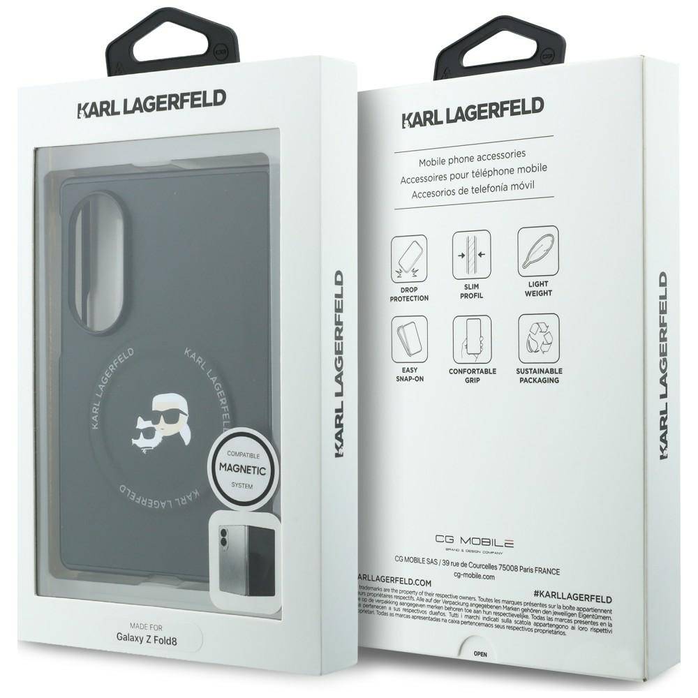 Karl Lagerfeld Handyhülle für Galaxy Z Fold in Verpackung, zeigt die Hülle in einer Schachtel mit Magnetsystem und Funktionssymbolen.