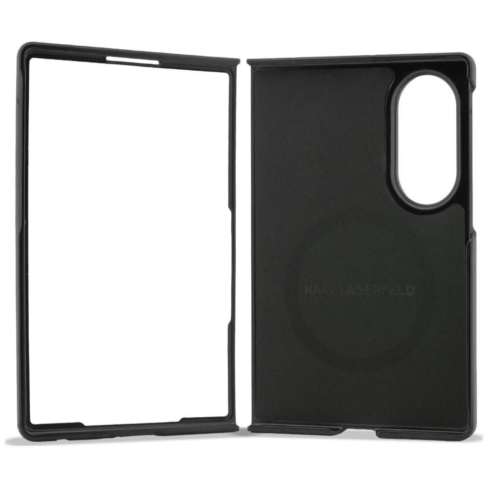 Schwarze Smartphone-Schutzhülle, von vorne und hinten gezeigt, mit großem ovalem Kameraausschnitt auf der hinteren Schale.
