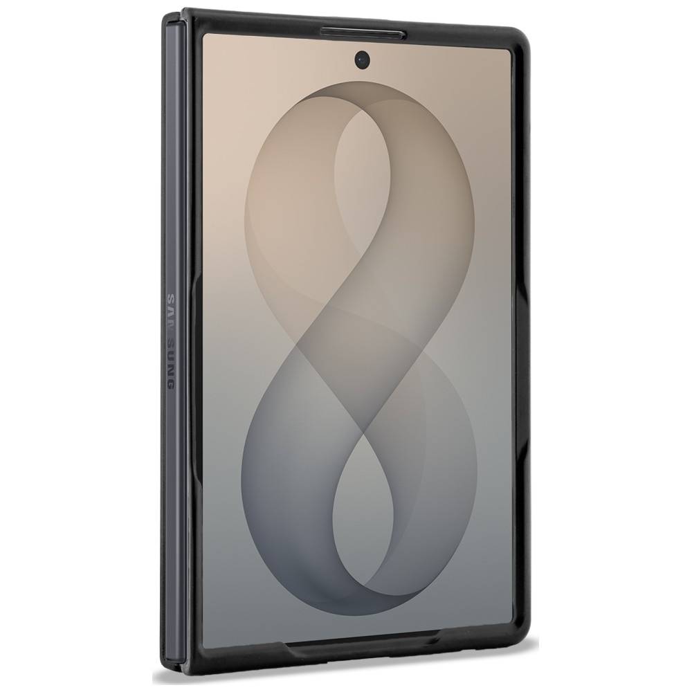Ein schwarzes Tablet oder E-Reader in einer Schutzhülle, aufrecht dargestellt mit einem minimalistischen abstrakten Unendlichkeits-Symbol als Hintergrundbild auf dem Bildschirm.