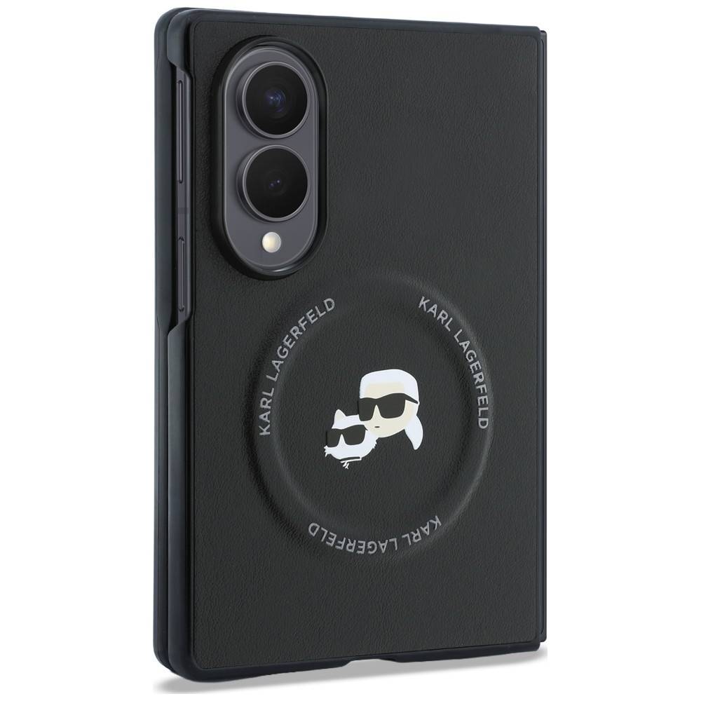 Schwarze Smartphone-Schutzhülle mit dualem Kameraloch auf der Rückseite und Karl Lagerfeld-Logo mit zwei Cartoon-Katzen und seinem Namen, der in einem Kreis wiederholt wird.