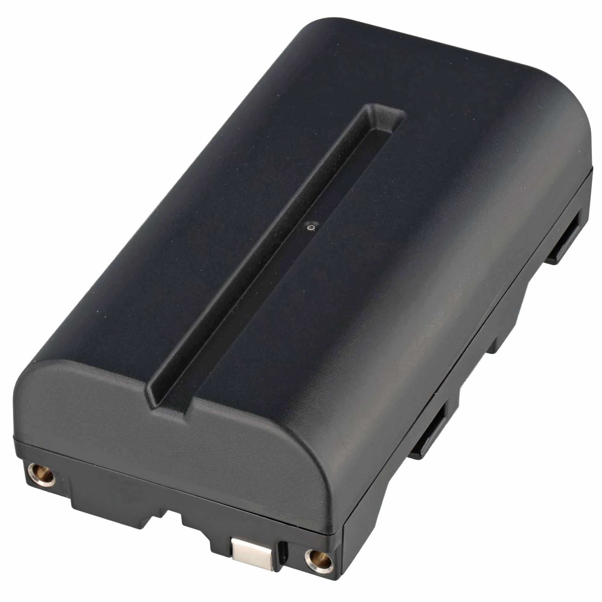 Schwarzes wiederaufladbares Batteriepaket mit einer vertieften Mittelnute und Metallverbinderklemmen, auf weißem Hintergrund dargestellt.