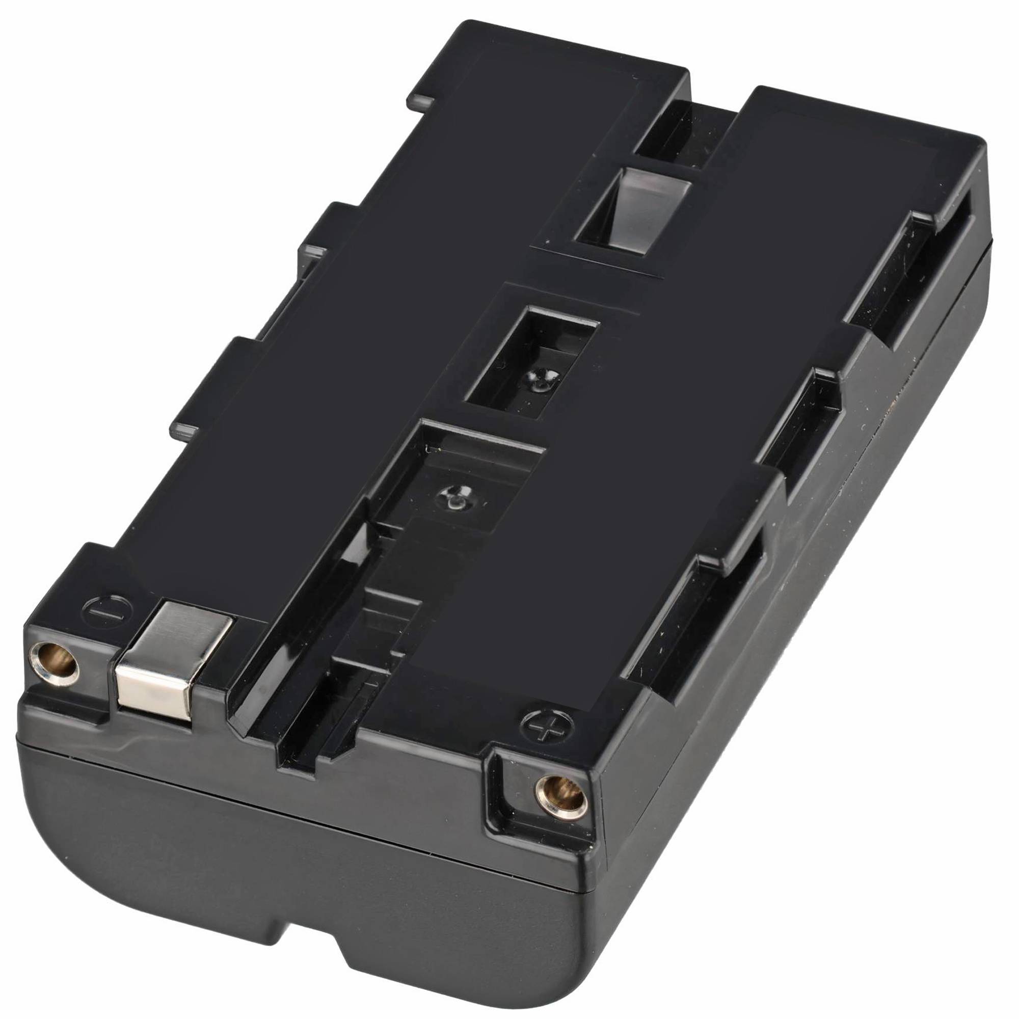 Schwarzes rechteckiges wiederaufladbares Batteriepack mit Metallklemmen oben und an den vorderen Ecken.