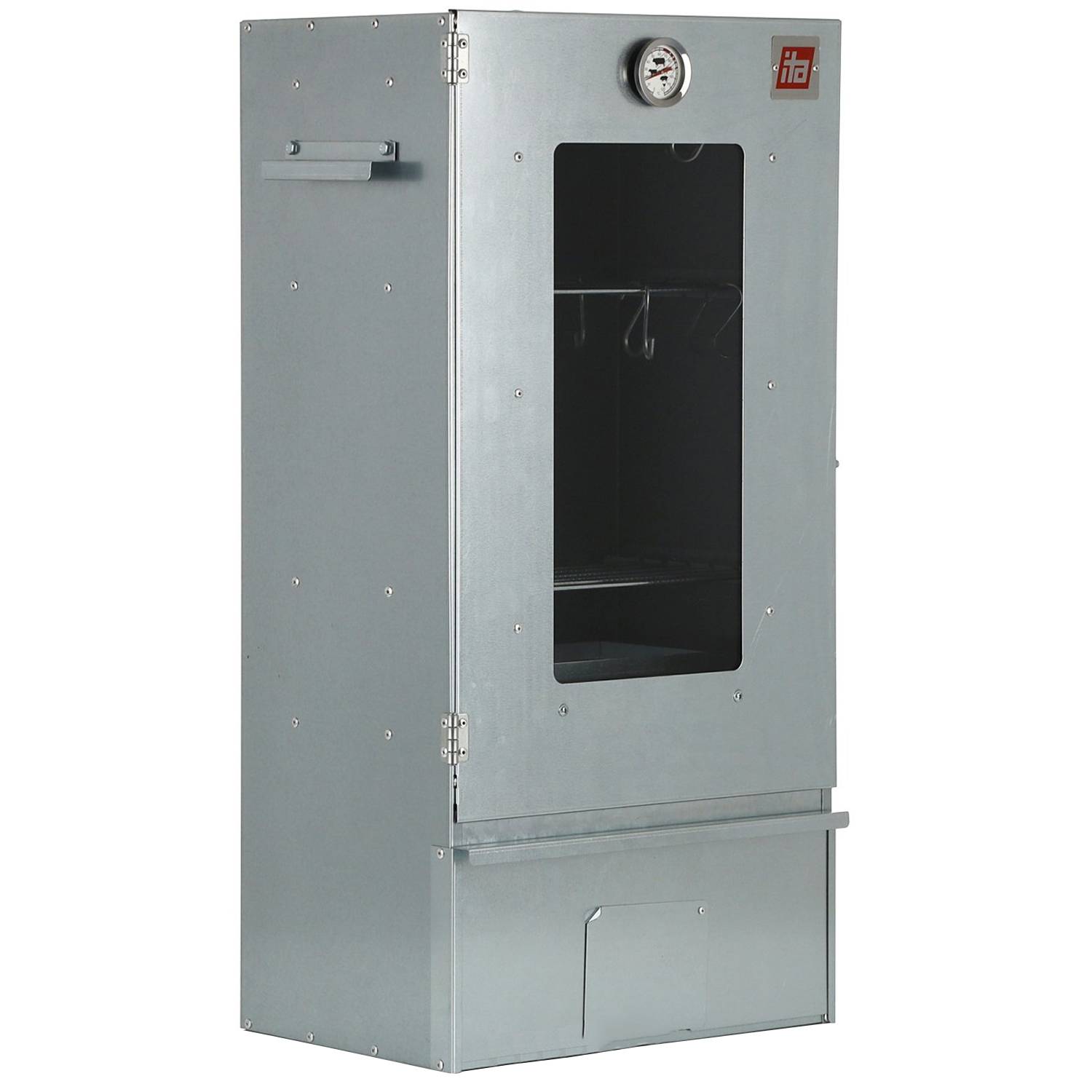 Edelstahlschrank mit Glastür, Manometer oben und unterer Kammer, wahrscheinlich ein Industrieofen oder Trocknungsschrank.