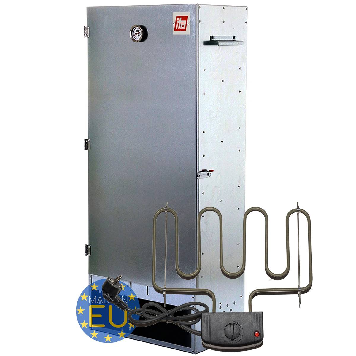 Elektrische Saunaheizeinheit mit Metallgehäuse, Heizelement, Steuerbox und Stromkabel.