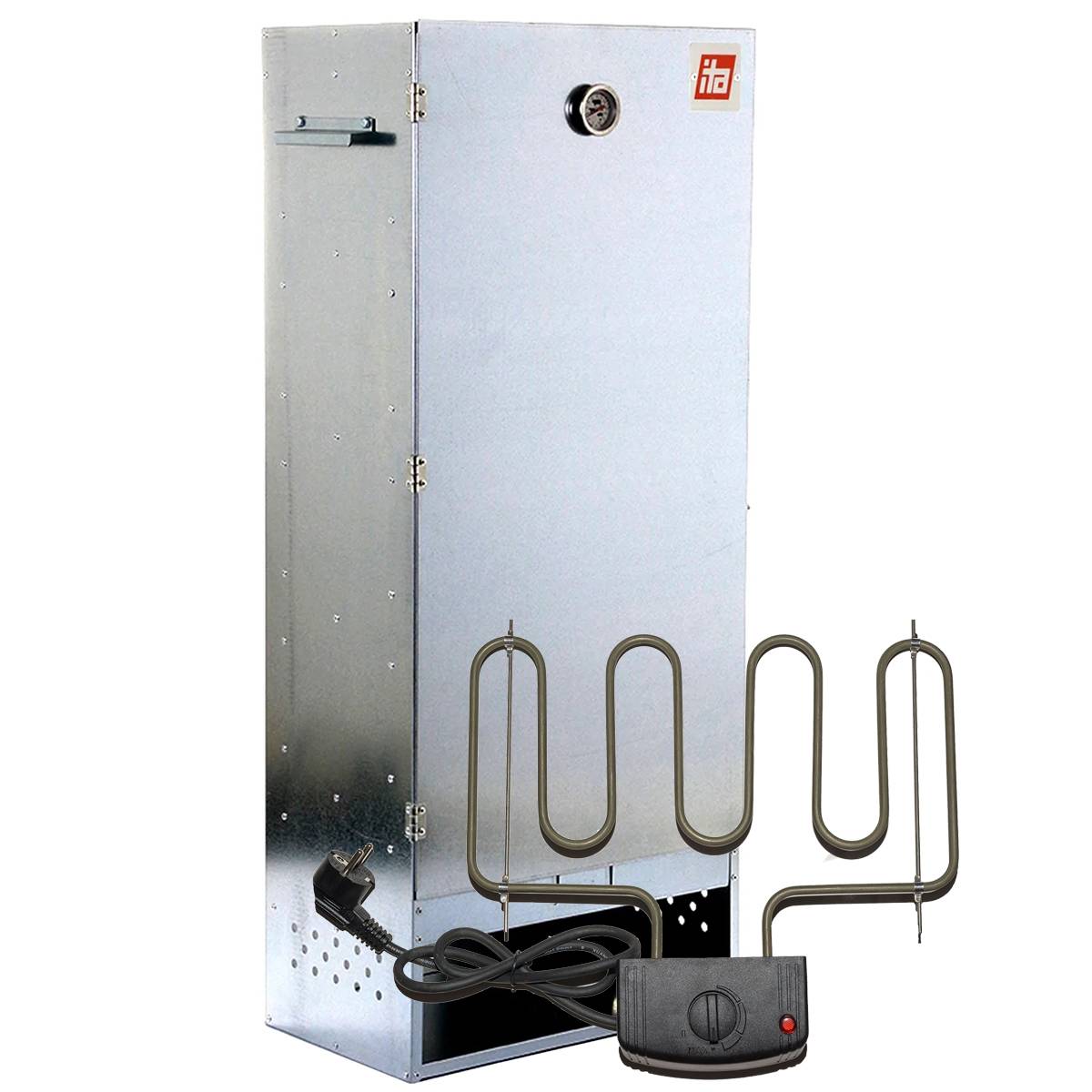 Metallischer elektrischer Räucherofen mit Fronttür, Lüftungsöffnung, Heizelement und Stromkabel unten angebracht.
