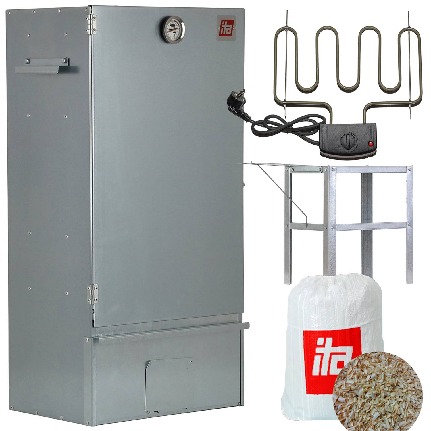 Grauer elektrischer Räucherschrank/Lebensmitteltrockner mit Thermometer, Heizelement, Steuereinheit und Beutel mit Holzchips auf weißem Hintergrund.