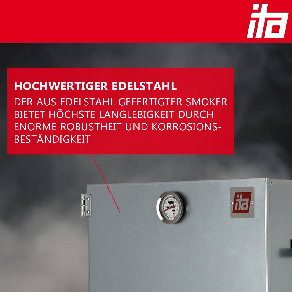 Marketing-Bild eines 'ita' Edelstahlräuchers, gekennzeichnet als 'Hochwertiger Edelstahl' und beschrieben als äußerst langlebig und korrosionsbeständig.
