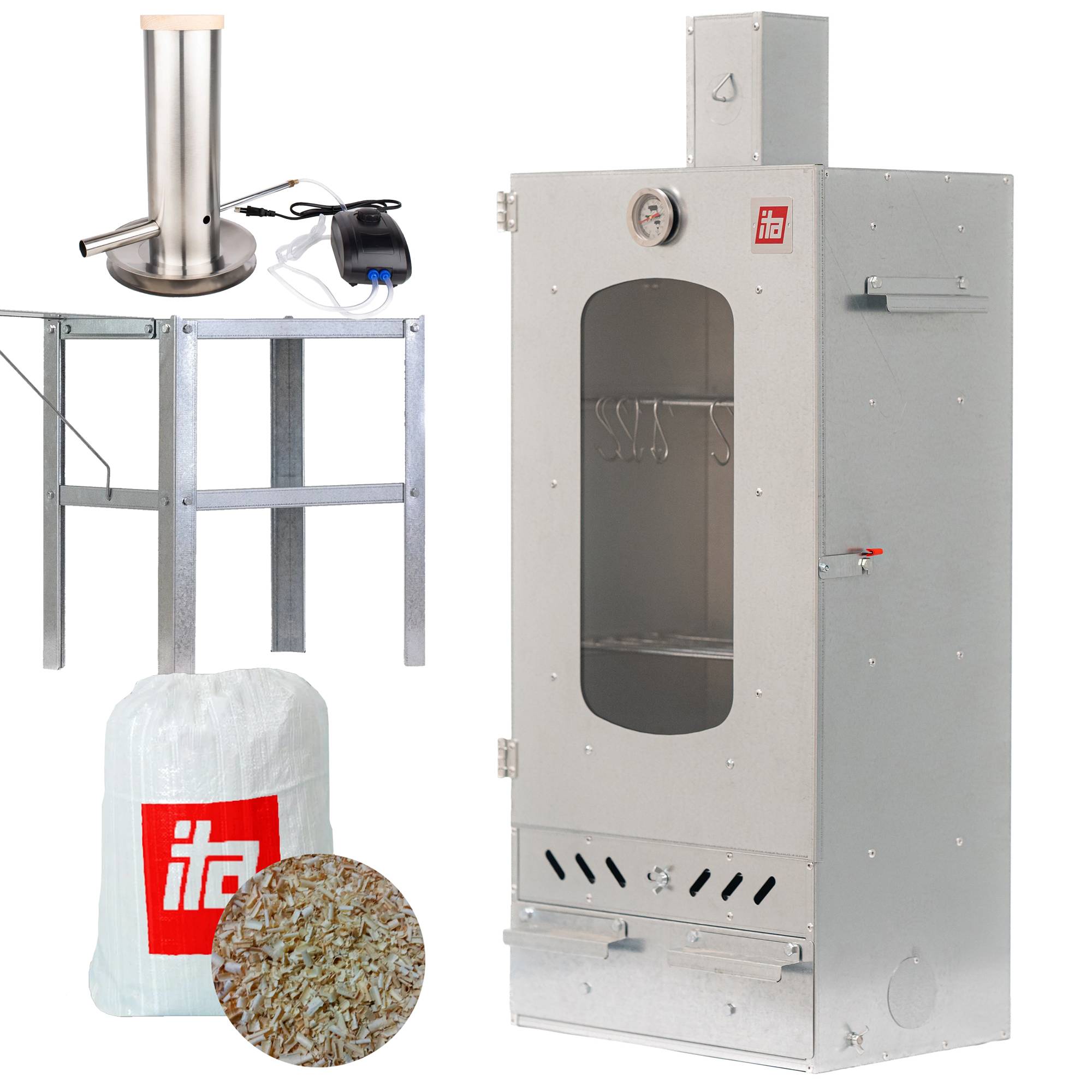 Tragbares Getreidetrocknungssystem mit metallischem Trockenschrank, Stützrahmen, Gebläse und gefülltem Getreidesack mit Mustergetreidepellets.