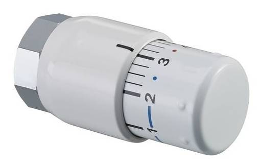 Weißer thermostatischer Heizkörperventilkopf mit nummeriertem Temperaturdrehregler und metallischer Sechskantpassung, isoliert auf weißem Hintergrund.